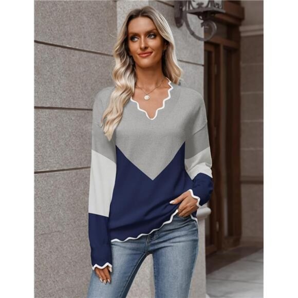 Women V Neck Sweater Fall 2025 Long Sleeve Lightweight Ribbed Knit Casual Top - Picture 5 of 7